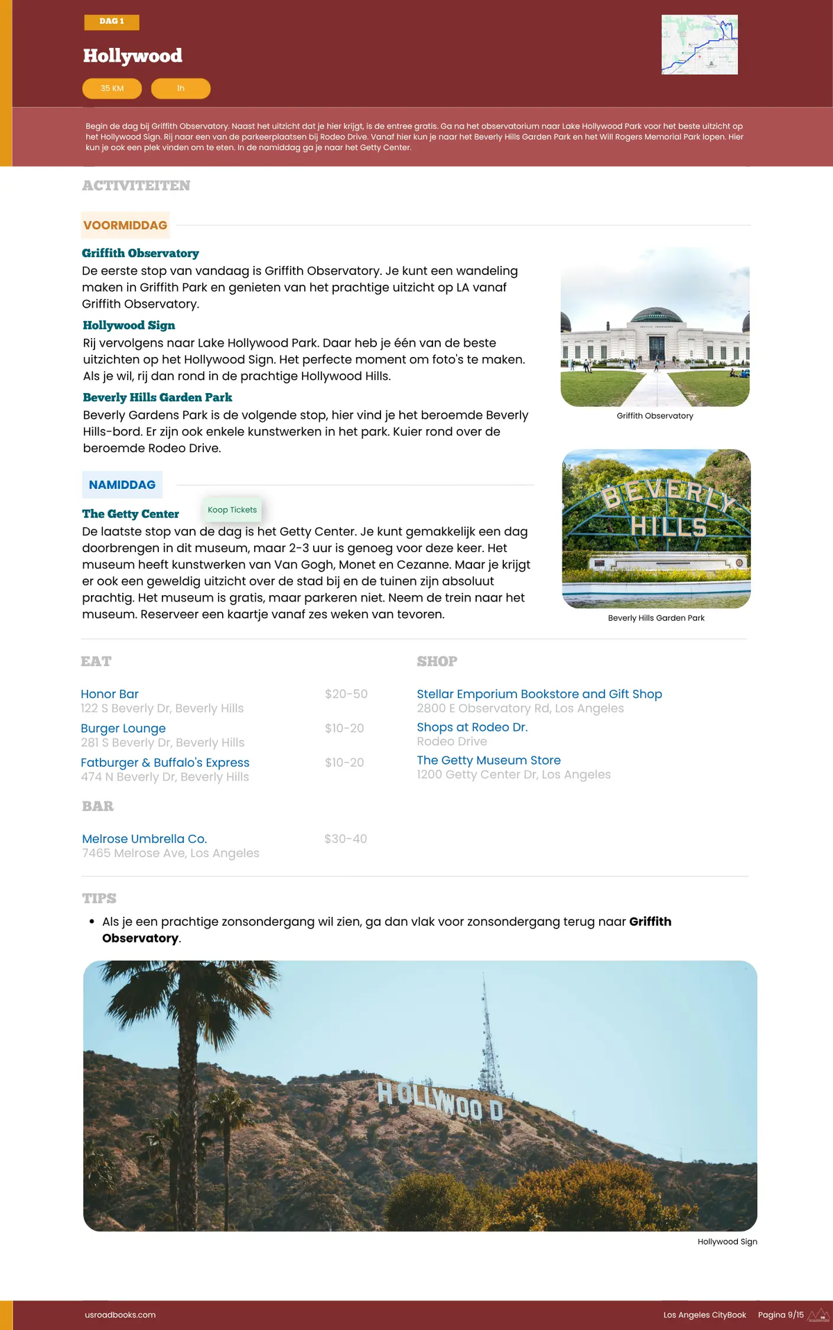 Website page with text and images of Beverly Hills and Hollywood landmarks.