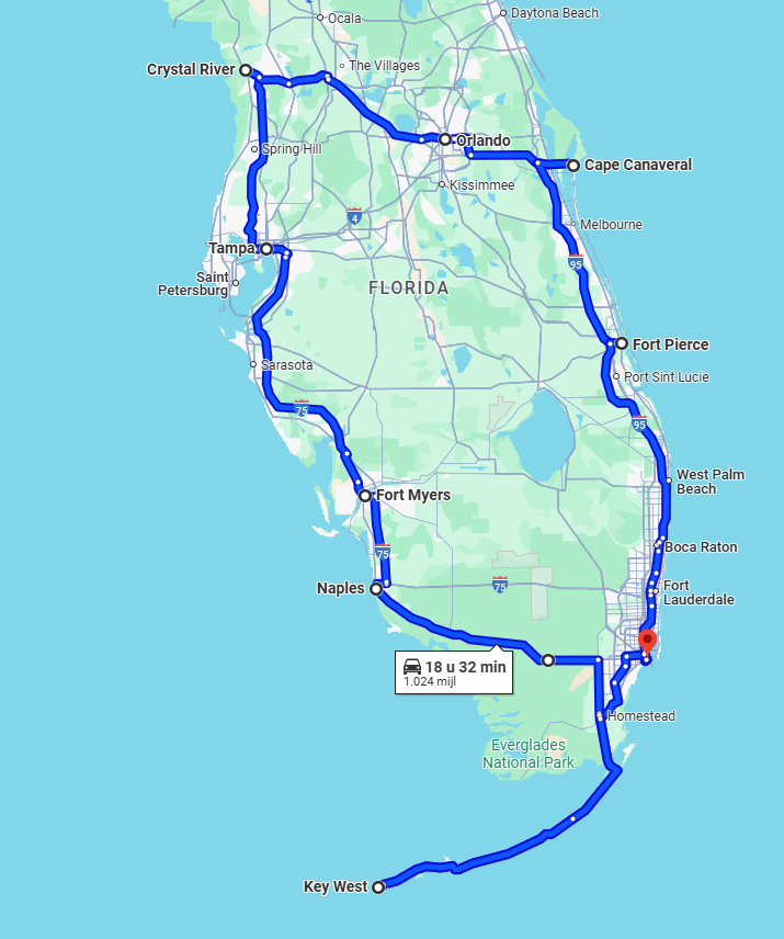 Map with the full route of the 15 Days Florida road trip by USRoadbooks