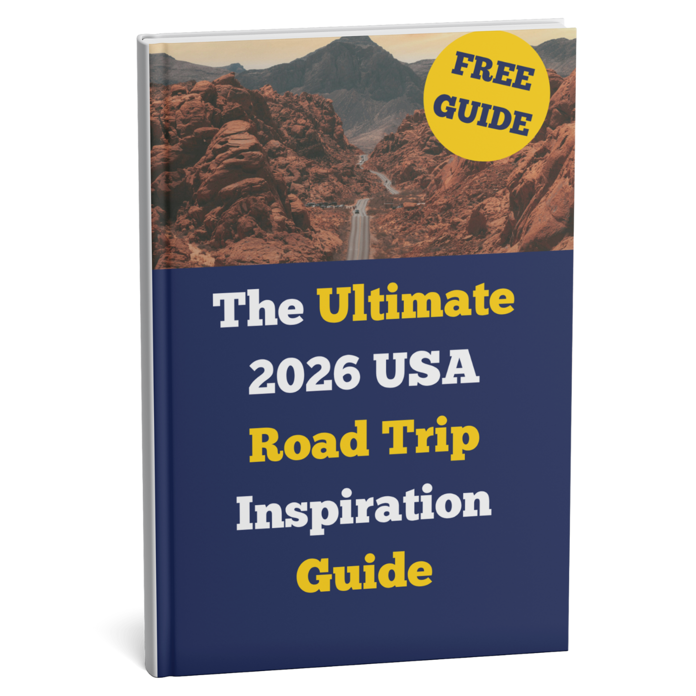 Book cover of 'The Ultimate 2026 USA Road Trip Inspiration Guide' with a scenic road and mountains on the cover.