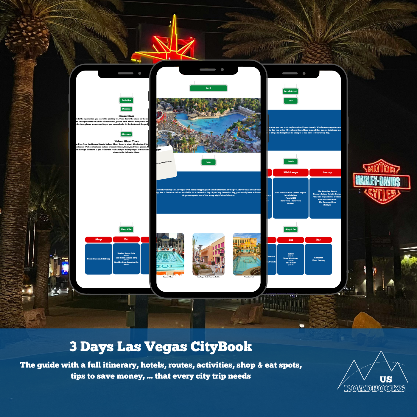 3 Day LAs Vegas City Trip in a travel guide/ CityBook including itinerary, restaurants, hotels, bars, activities, and maps.