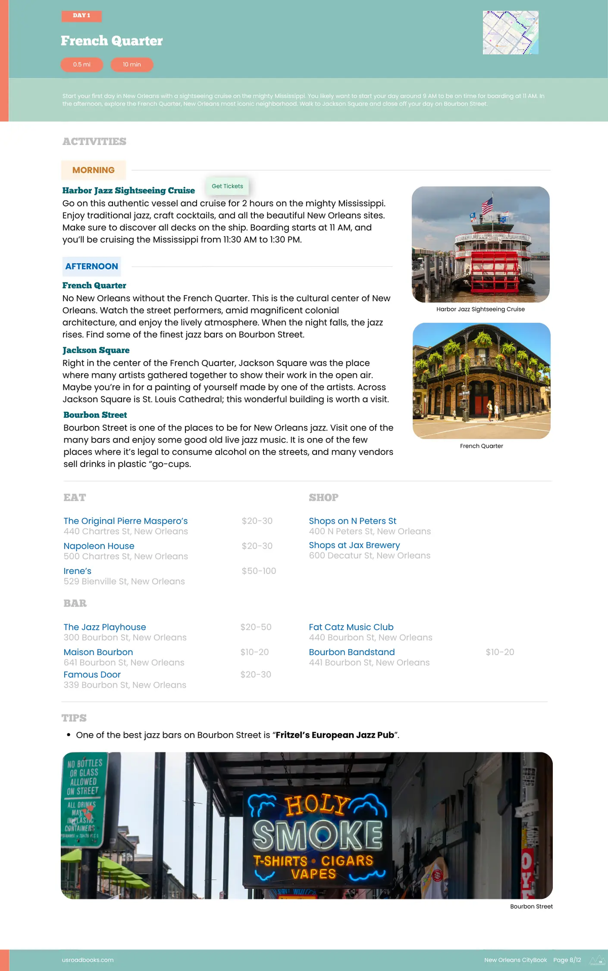 Website page with text and images of a French Quarter tour and attractions.