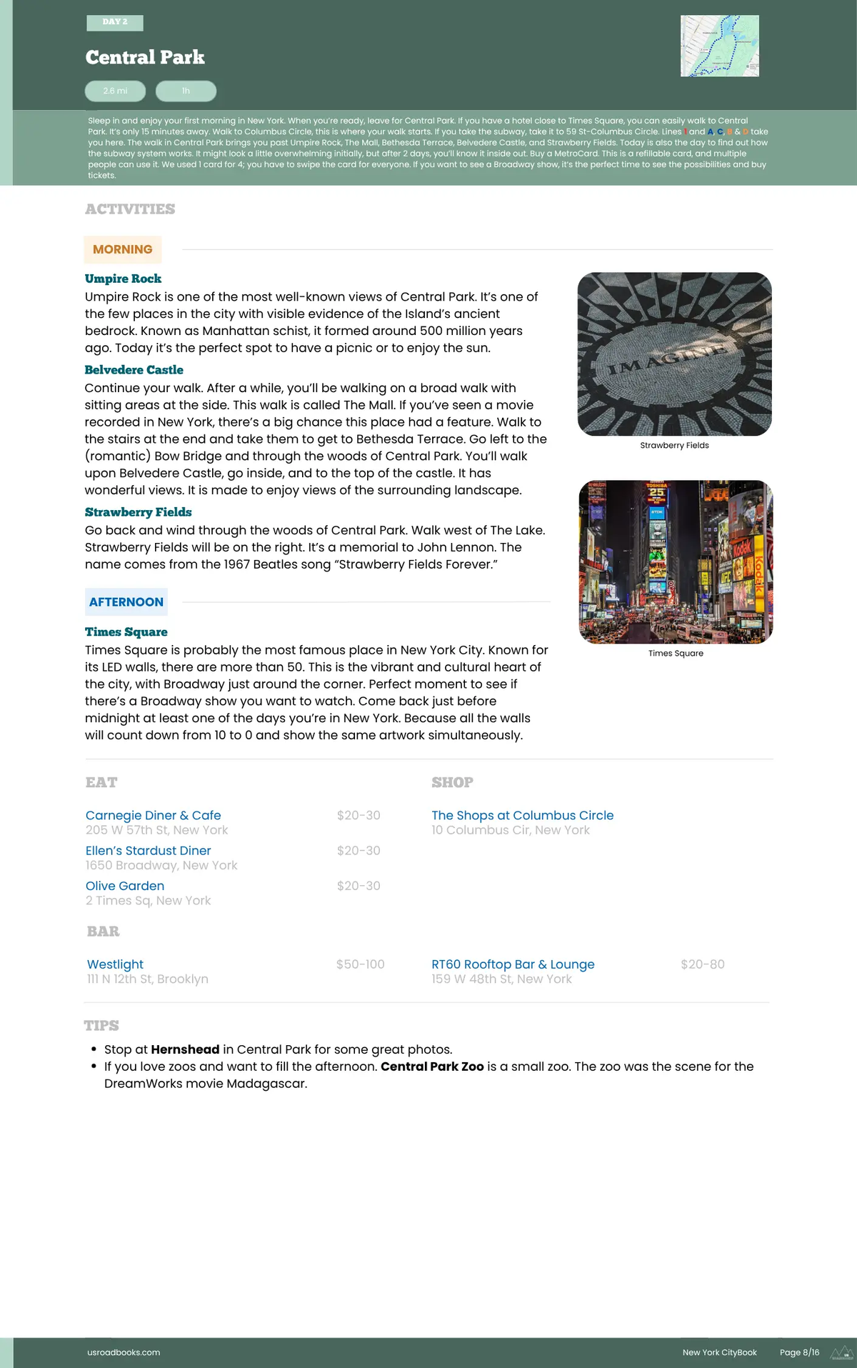 Website page for Central Park with text and images about various attractions.