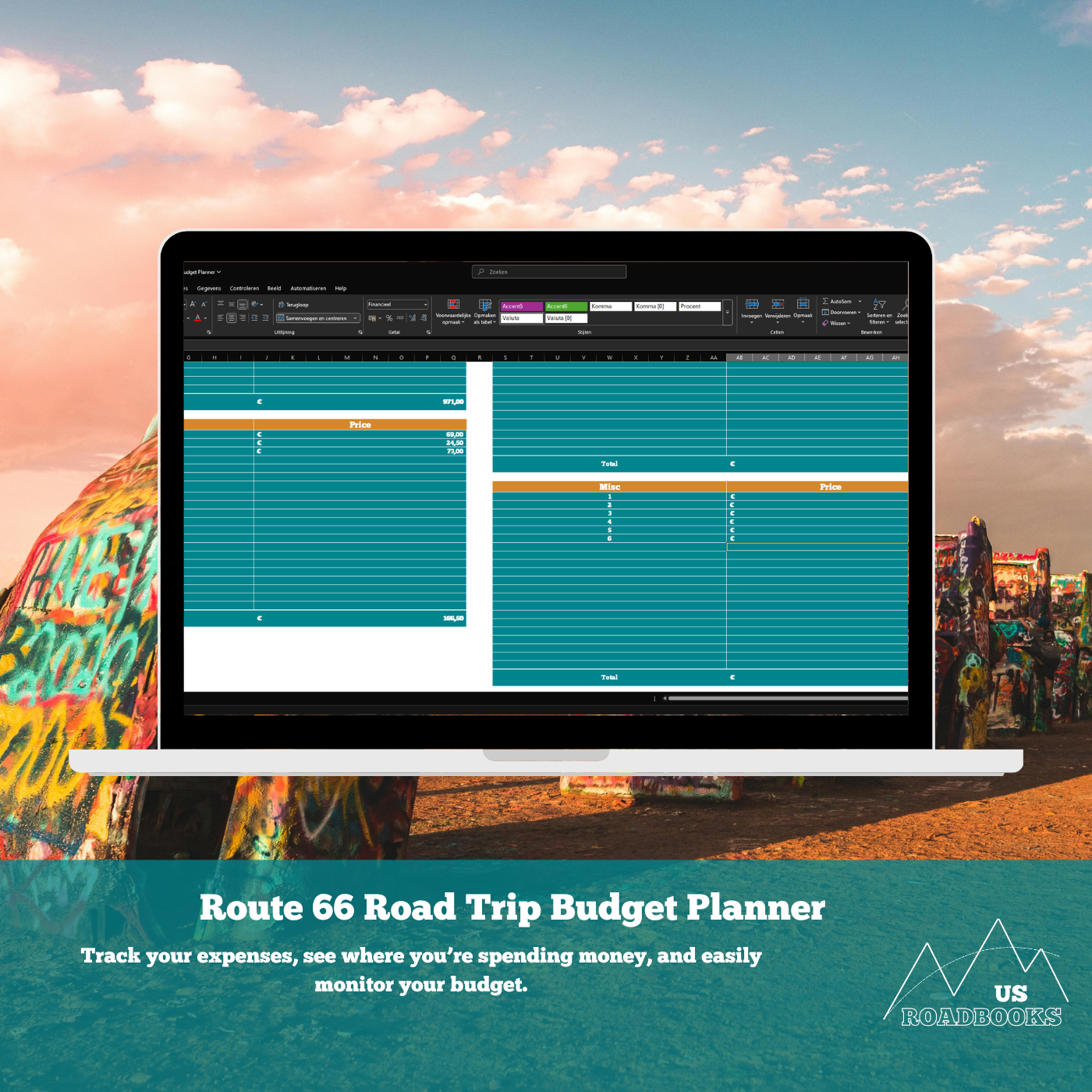 Laptop displaying Route 66 Road Trip Budget Planner with colorful bus and sunset in the background