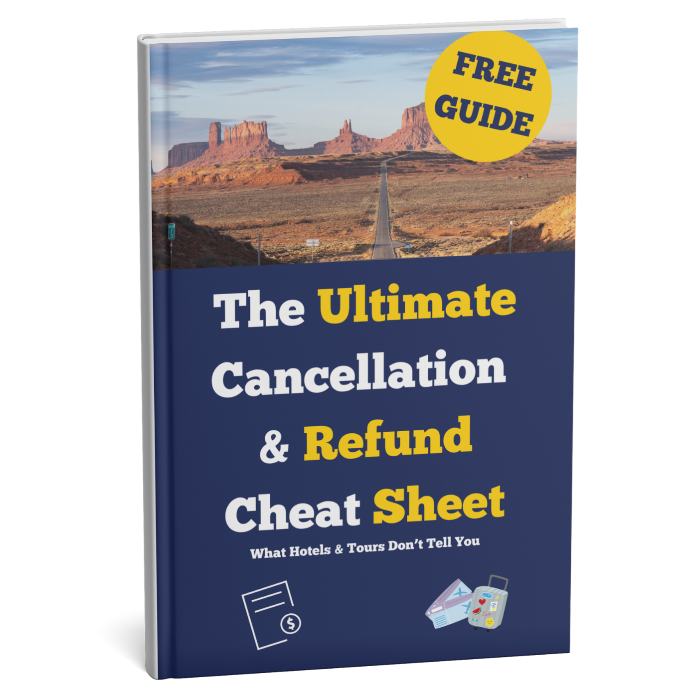 Book cover titled 'The Ultimate Cancellation & Refund Cheat Sheet' with a scenic desert image on a white background.