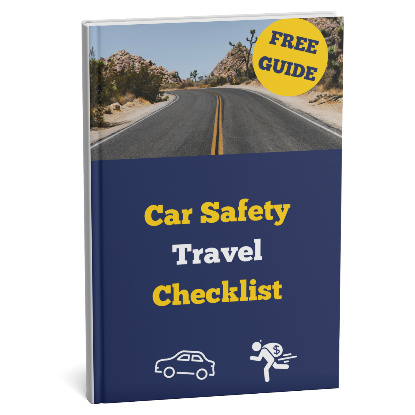 Book titled 'Car Safety Travel Checklist' with a road and desert landscape on the cover.