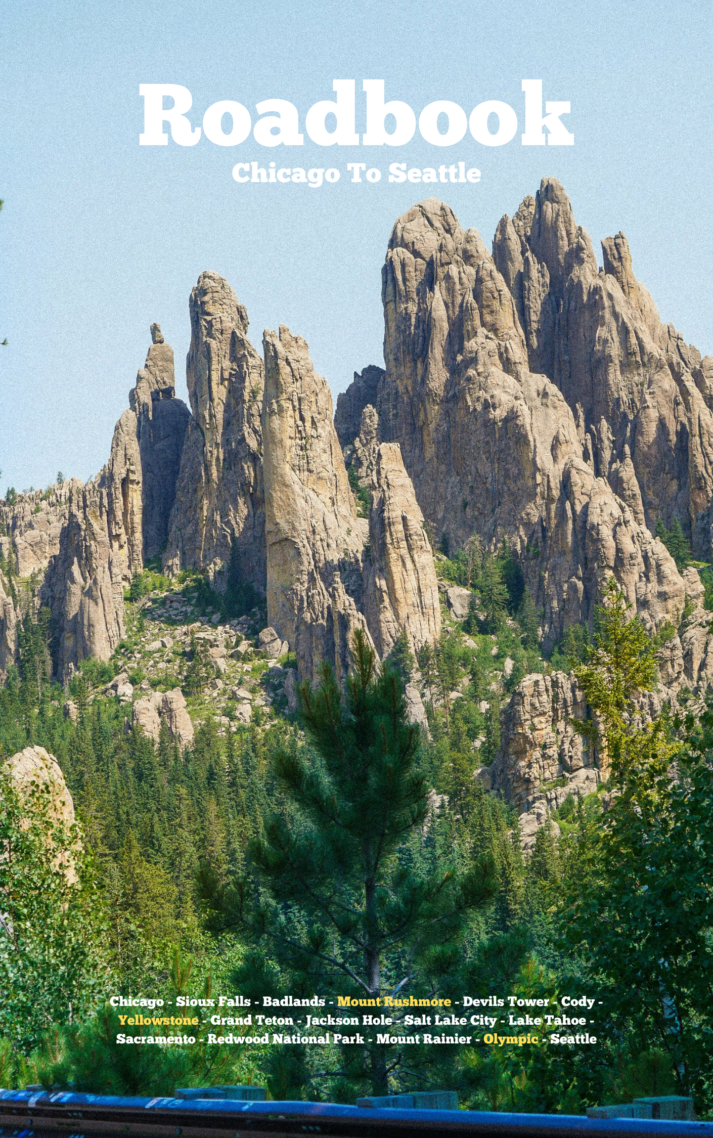 Black hills of South Dakota on the Cover of the best Chicago to Seattle RoadBook/ Travel Guide
