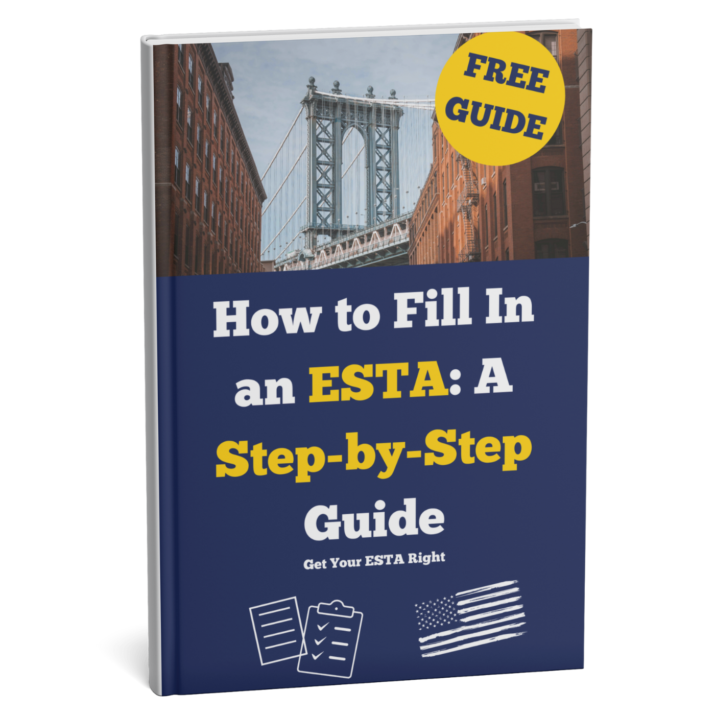 Book titled 'How to Fill In an ESTA: A Step-by-Step Guide' with a bridge image on the cover.