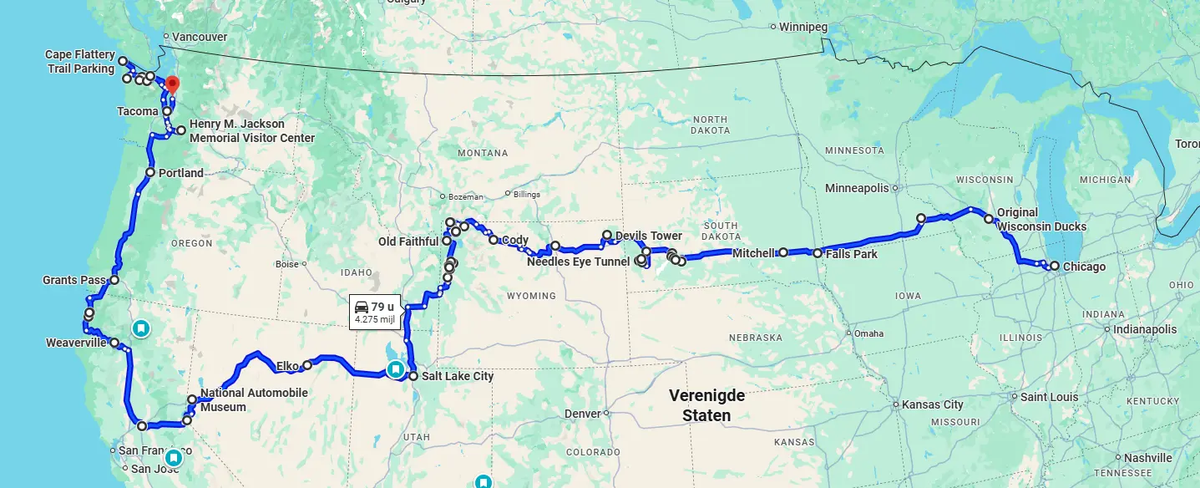 Map of a route from Seattle to Chicago with stops along the way.