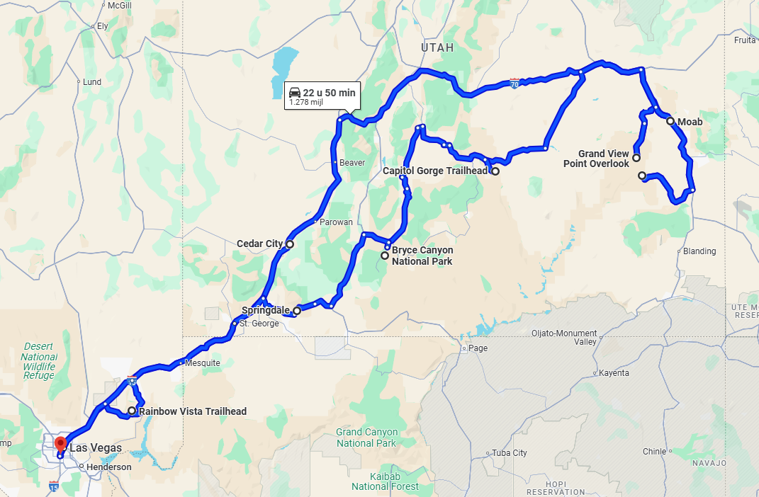 Map of the Utah Mighty 5 RoadTrip