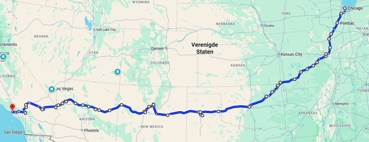 Map of a route from Chicago to Santa Monica with stops in various cities.