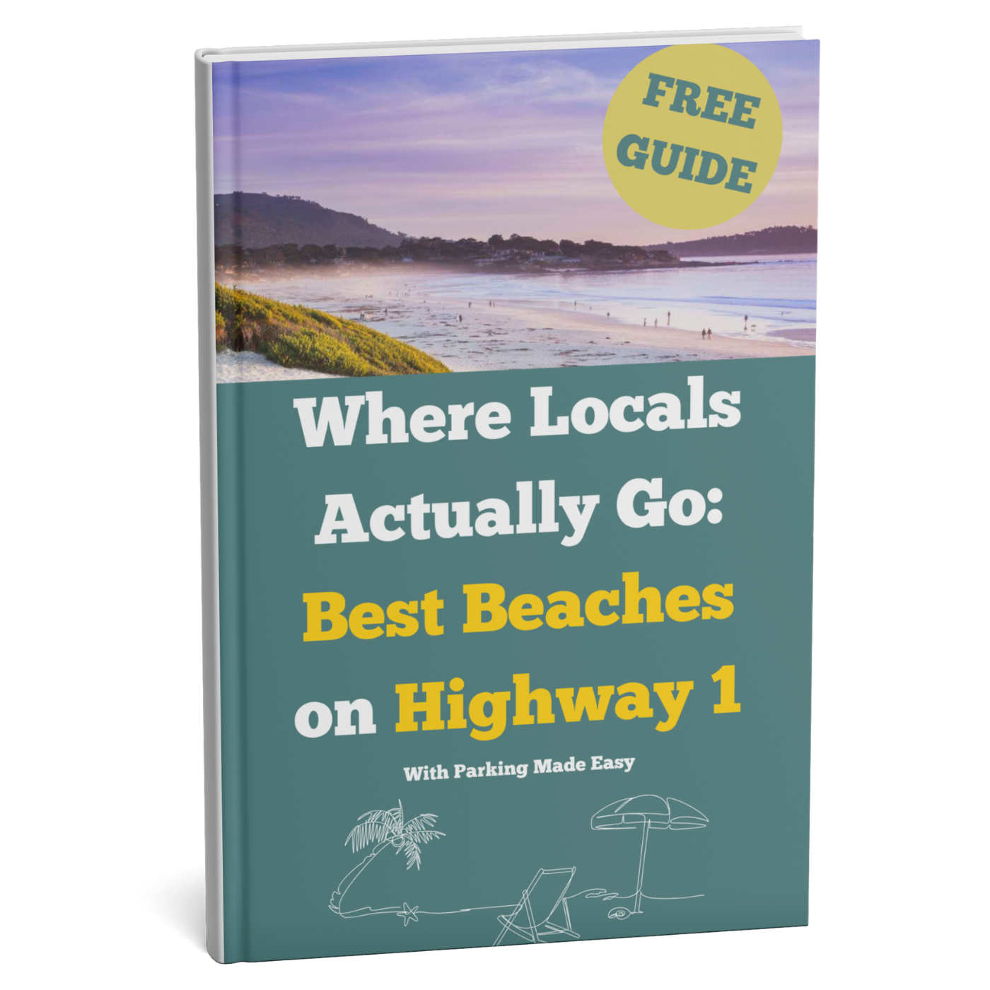 Book cover with beach scene and text about best beaches on Highway 1