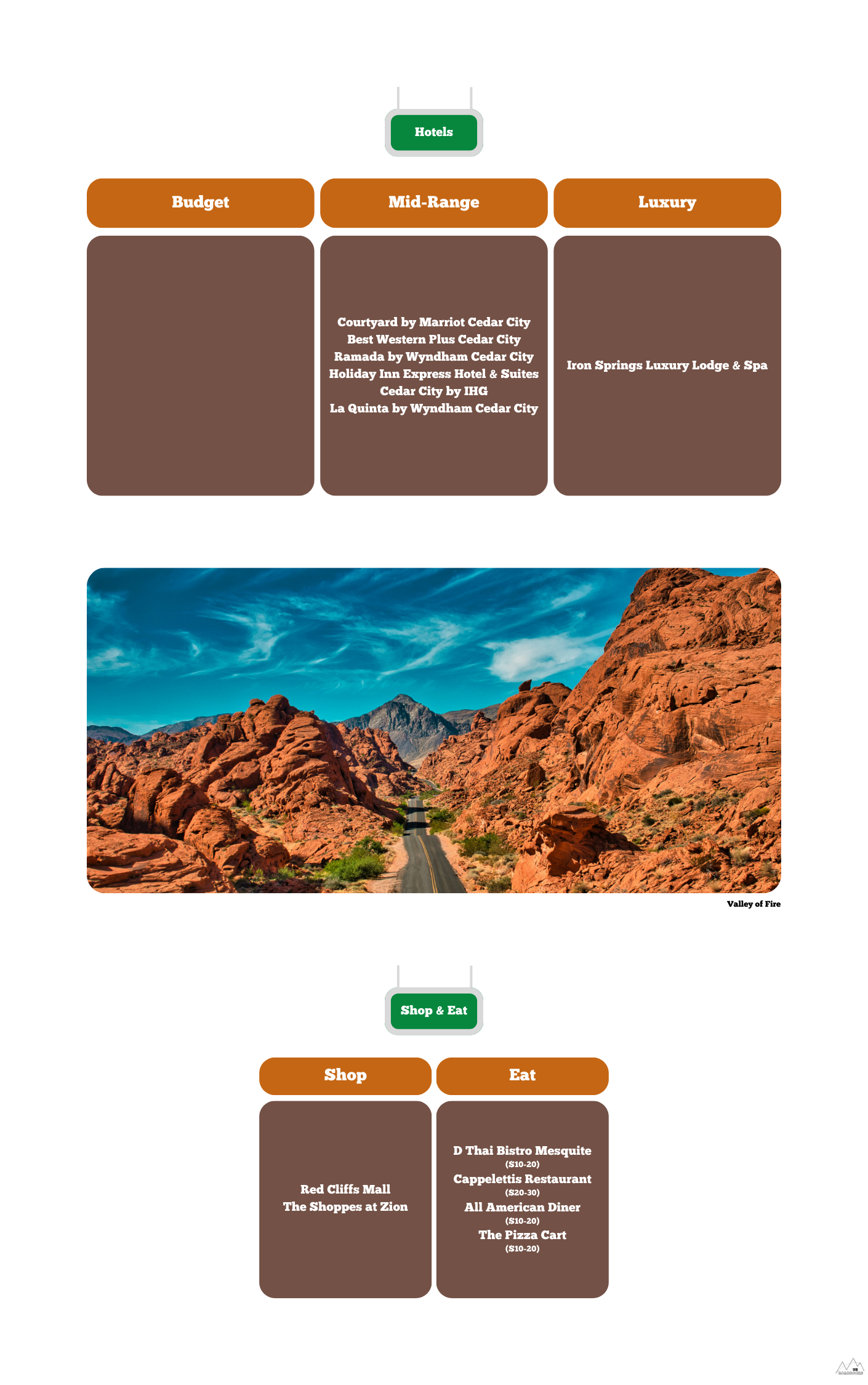 Hotel, restaurant and shop tab out of the Utah Mighty 5 RoadBook
