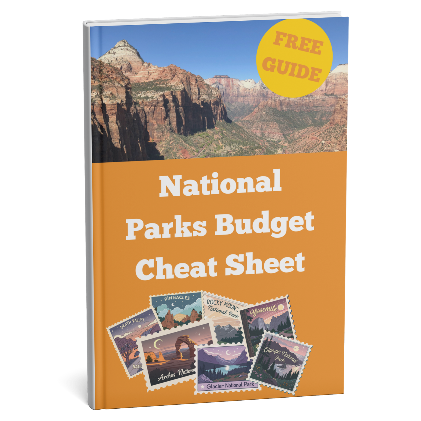 Book titled 'National Parks Budget Cheat Sheet' with a scenic cover and free guide badge.