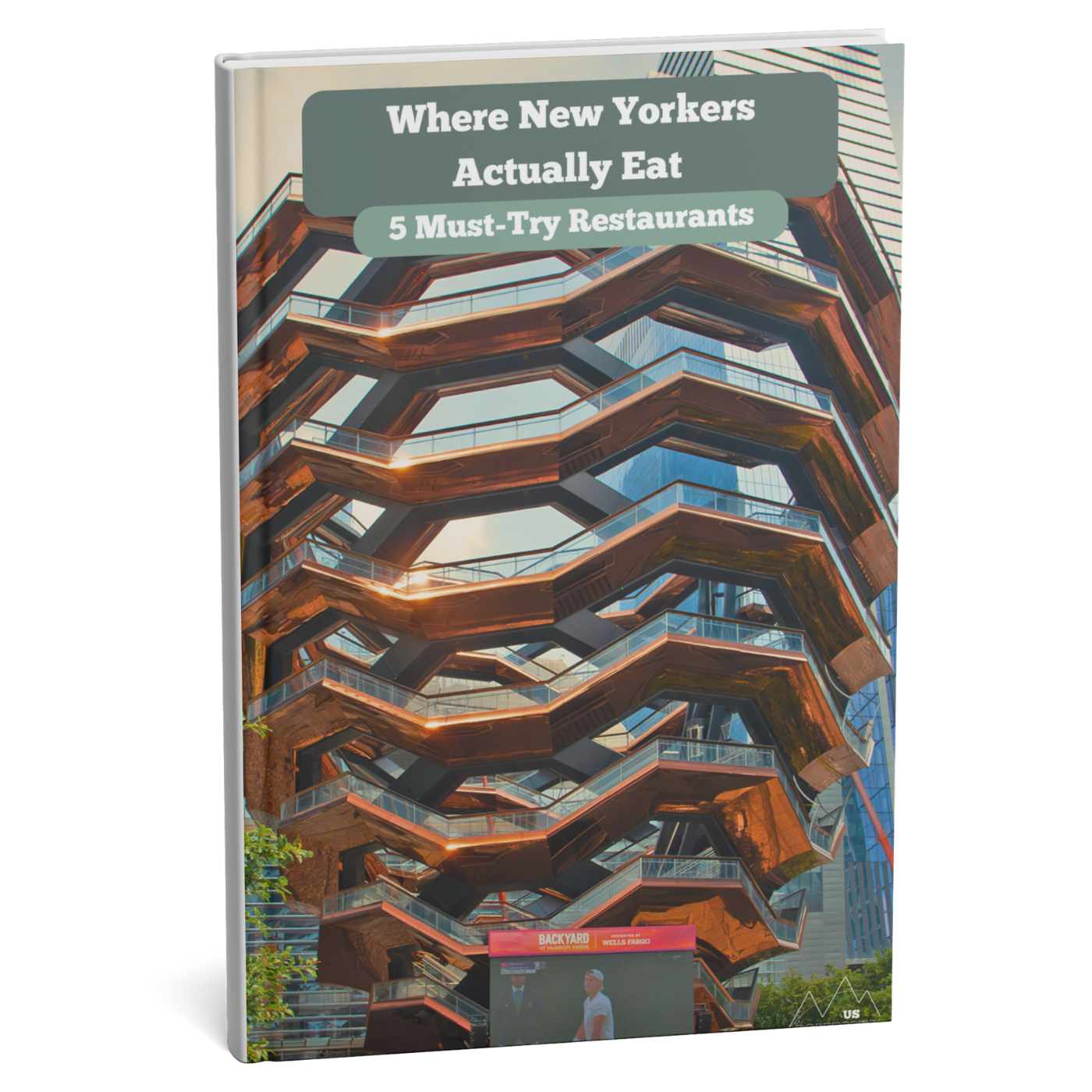 Book cover with a modern architectural structure and text about New York restaurants