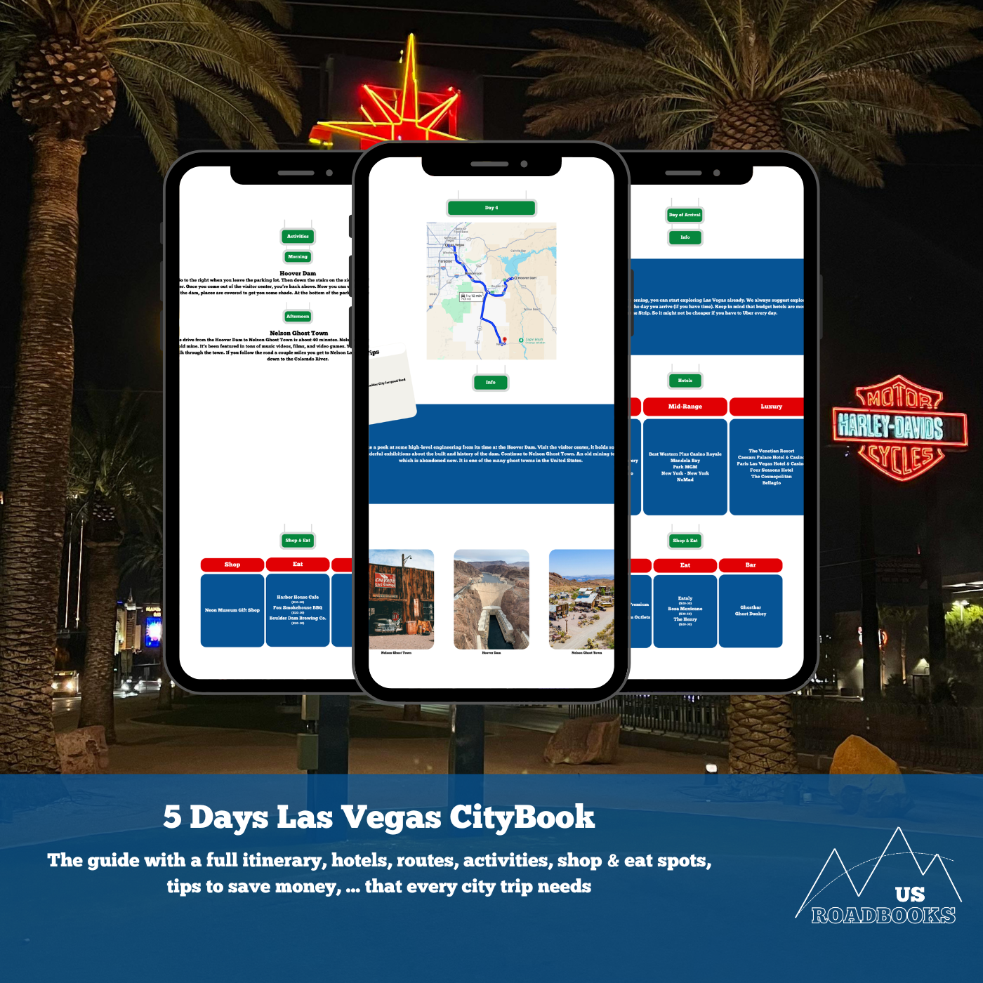 overview Las Vegas 5 Day CityBook/ Travel Guide including itinerary, activities, restaurants, bars, shops, maps, routes, hotels, and more.