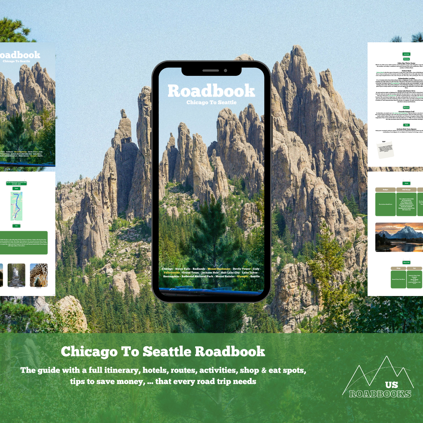 View of a digital RoadBook/ travel guide for a Road trip from Chicago to Seattle