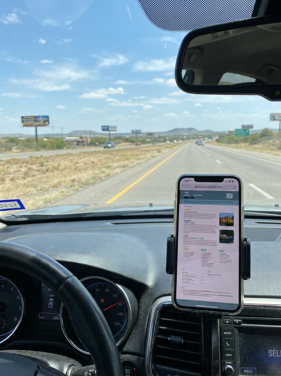 Phone mounted on a car dashboard displaying a map with a clear sky and road ahead.