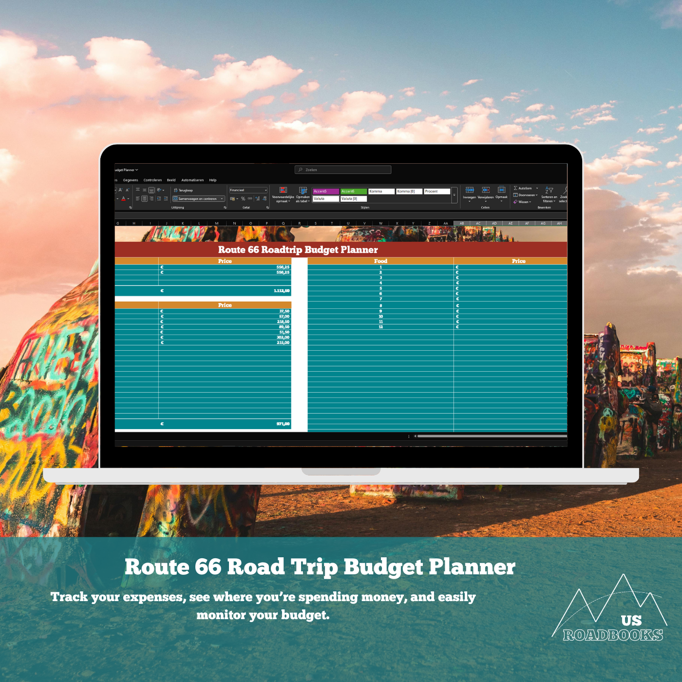 Laptop displaying Route 66 Road Trip Budget Planner with colorful bus and sunset in the background