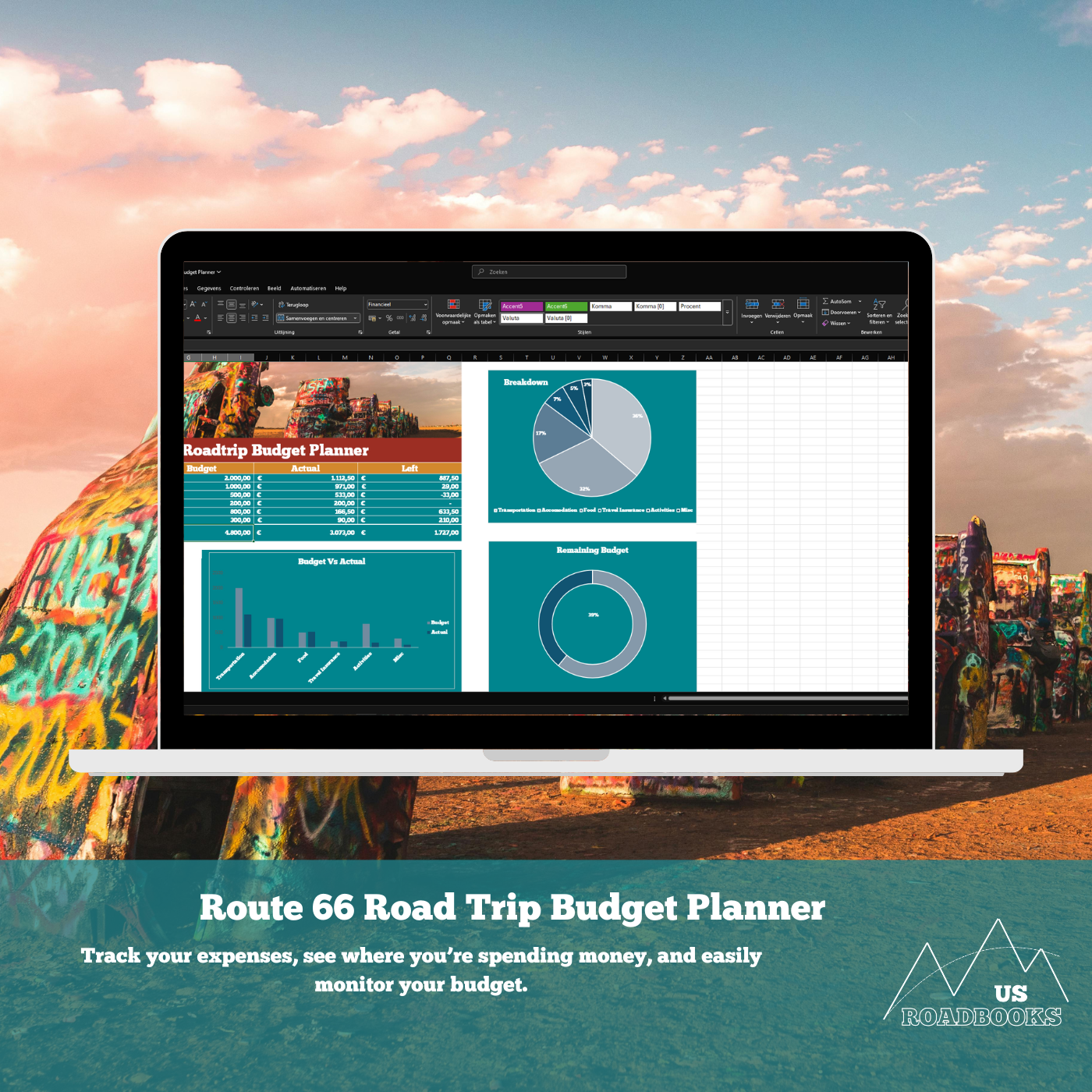 Laptop displaying Route 66 Road Trip Budget Planner with a scenic background