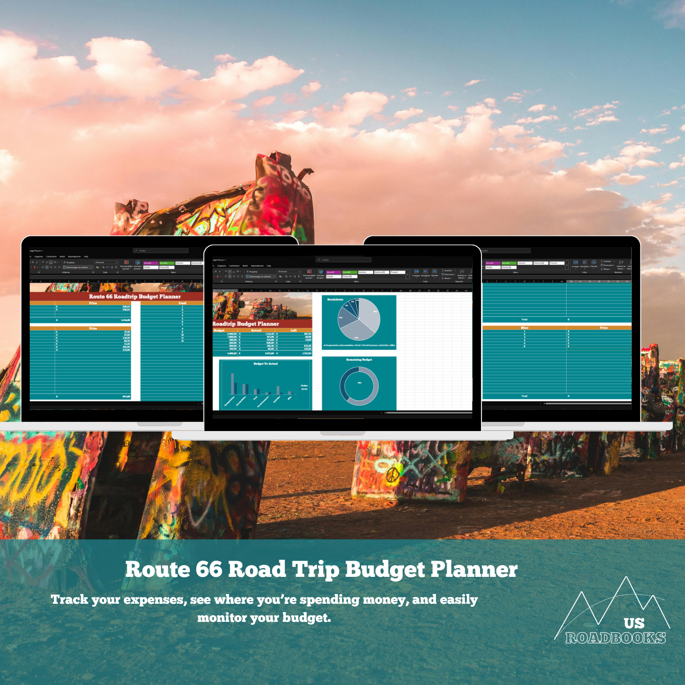 Route 66 Road Trip Budget Planner with digital interface on screens against a colorful mural background.