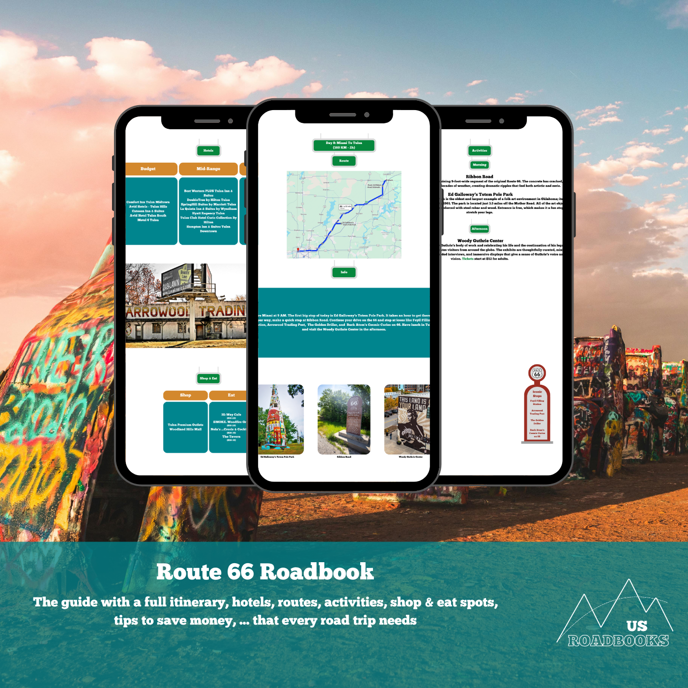 Three smartphones displaying Route 66 Roadbook app with a colorful building in the background
