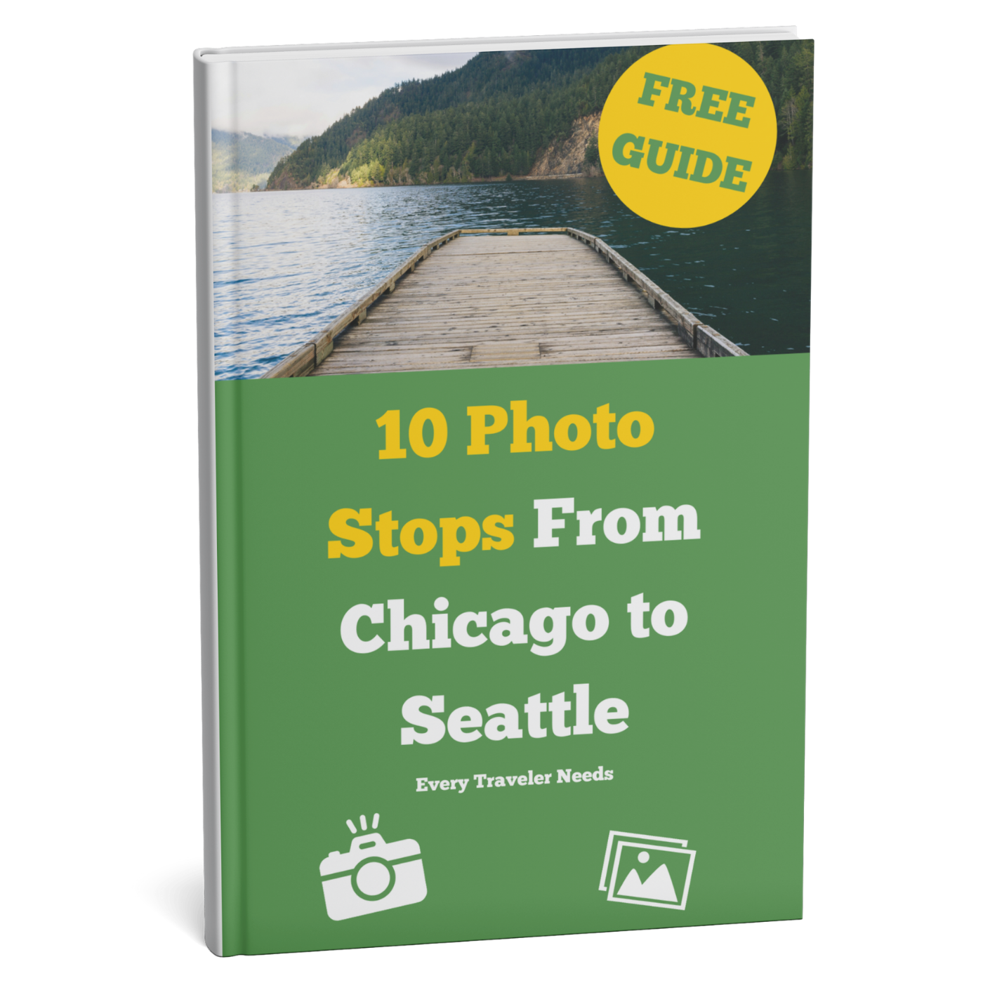 Book cover with a scenic image of a dock and lake, titled '10 Photo Stops From Chicago to Seattle'.