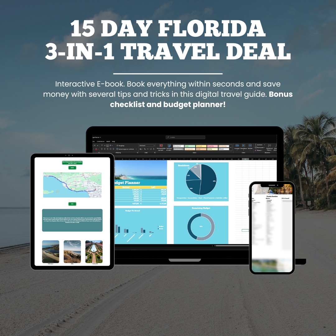 Digital travel guide with interactive e-book on a computer screen, tablet, and smartphone with palm trees and beach in the background.