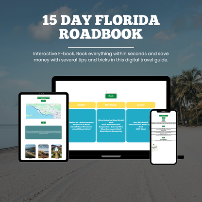 Promotional graphic for a '15 Day Florida Roadbook' with digital devices displaying its interface.