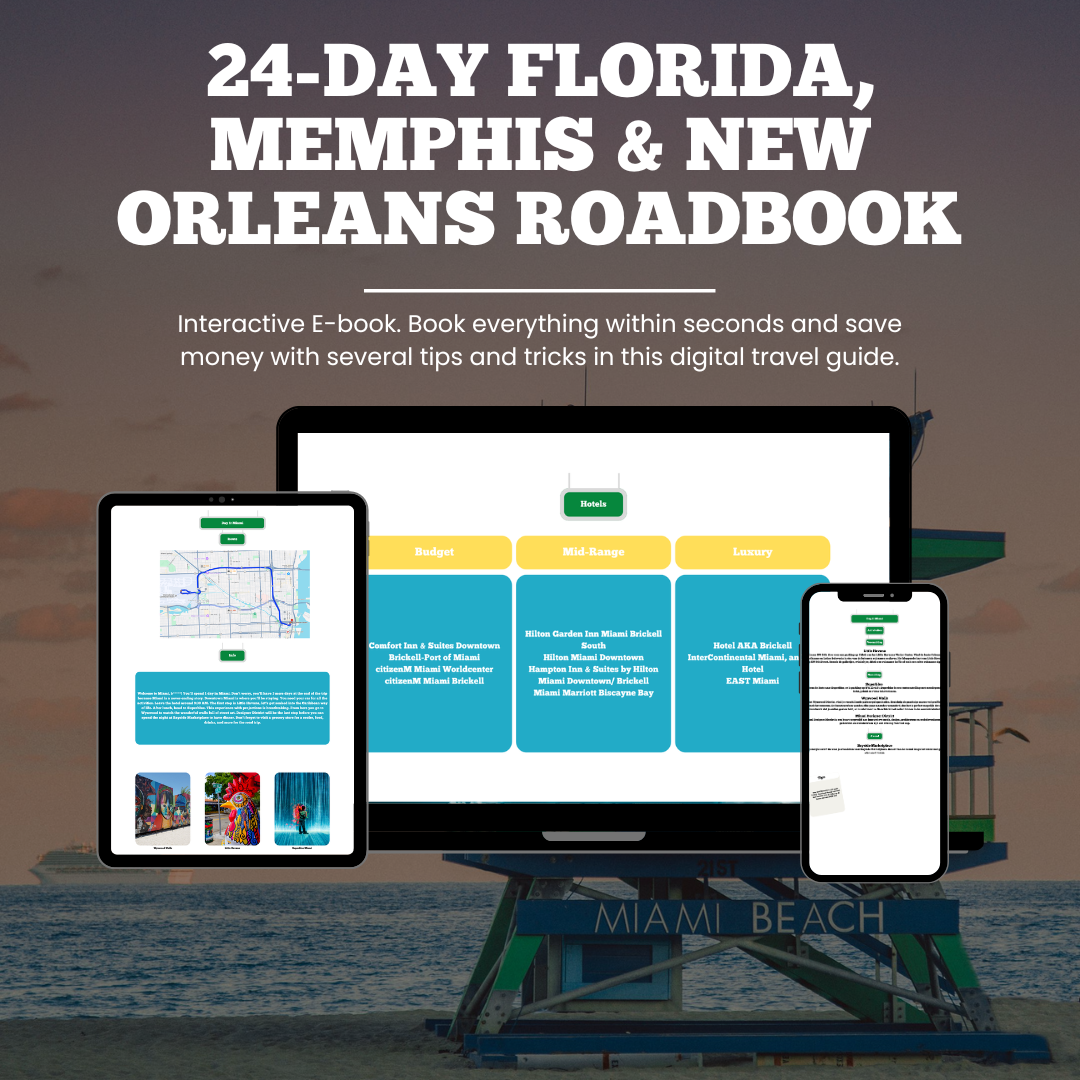 Promotional graphic for a '24-Day Florida, Memphis & New Orleans Roadbook' with digital devices on a beach background.