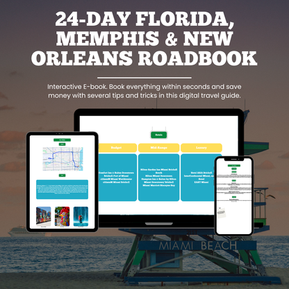 Promotional graphic for a '24-Day Florida, Memphis & New Orleans Roadbook' with digital devices on a beach background.