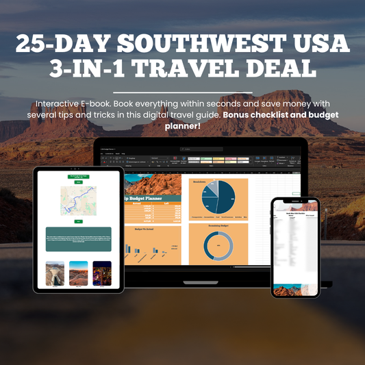Digital travel guide with interactive e-book, budget planner, and checklist on a computer screen with desert landscape in the background.