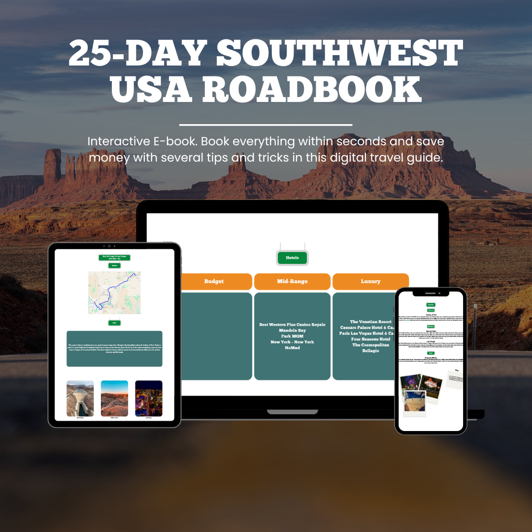 Promotional graphic for a 25-Day Southwest USA Roadbook with digital devices displaying the book's interface.