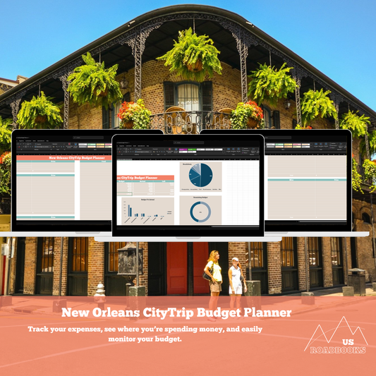 Laptops displaying budget planner software with a building and people in the background