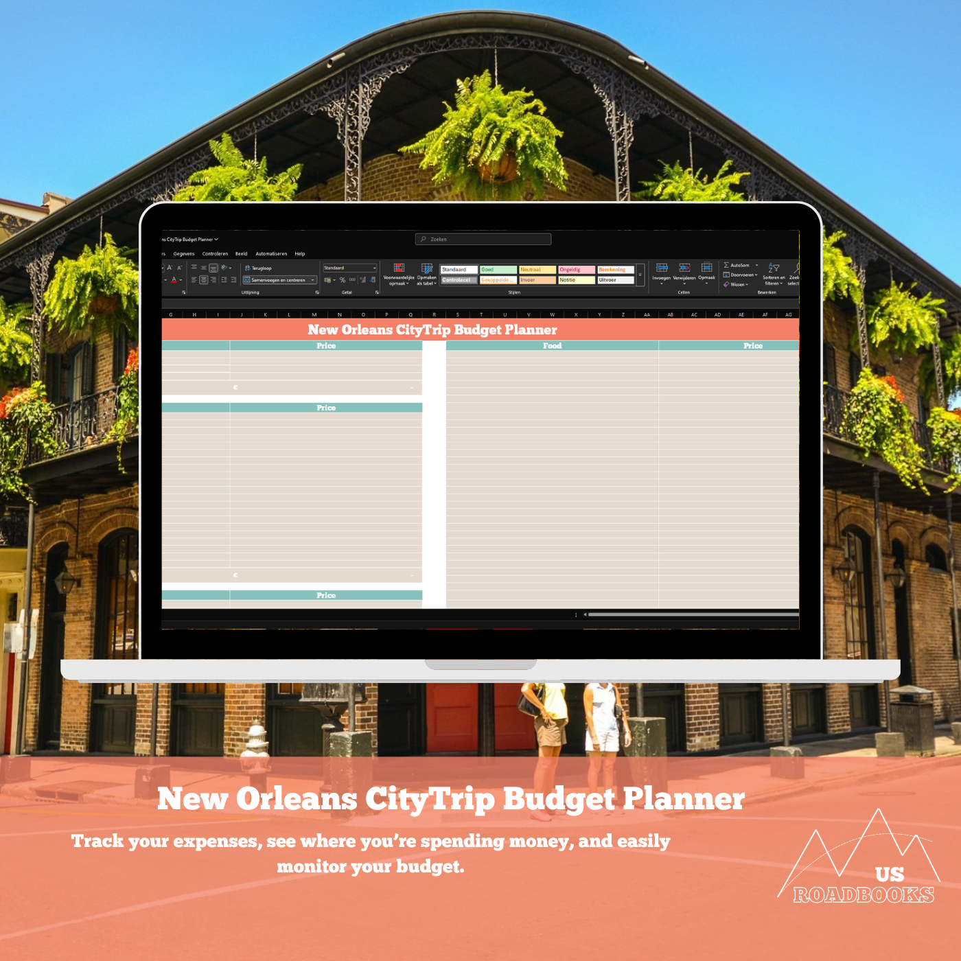 Computer screen displaying New Orleans CityTrip Budget Planner with a building and people in the background