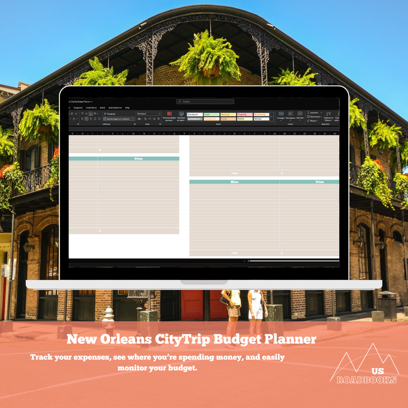 Computer screen displaying a budget planner with a New Orleans cityscape in the background