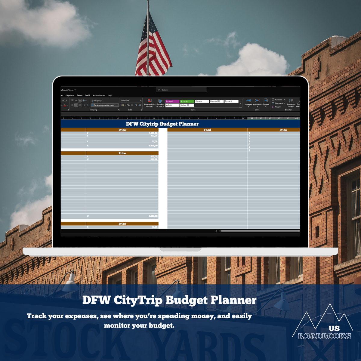 A digital budget planner displayed on a laptop screen mockup, with the title 'DFW CityTrip Budget Planner' and a descriptive tagline over a cityscape background featuring a brick building and an American flag.