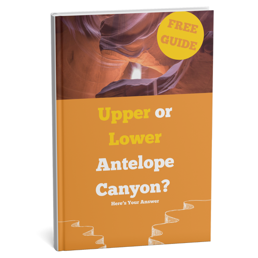 Book cover with 'Upper or Lower Antelope Canyon?' text and a free guide badge on an orange background