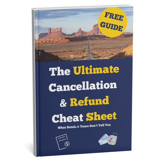 Book cover titled 'The Ultimate Cancellation & Refund Cheat Sheet' with a scenic desert image on a white background.