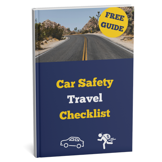 Book titled 'Car Safety Travel Checklist' with a road and desert landscape on the cover.