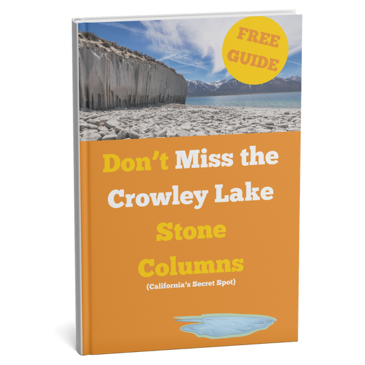 Book cover with a scenic view of Crowley Lake and text promoting the stone columns.