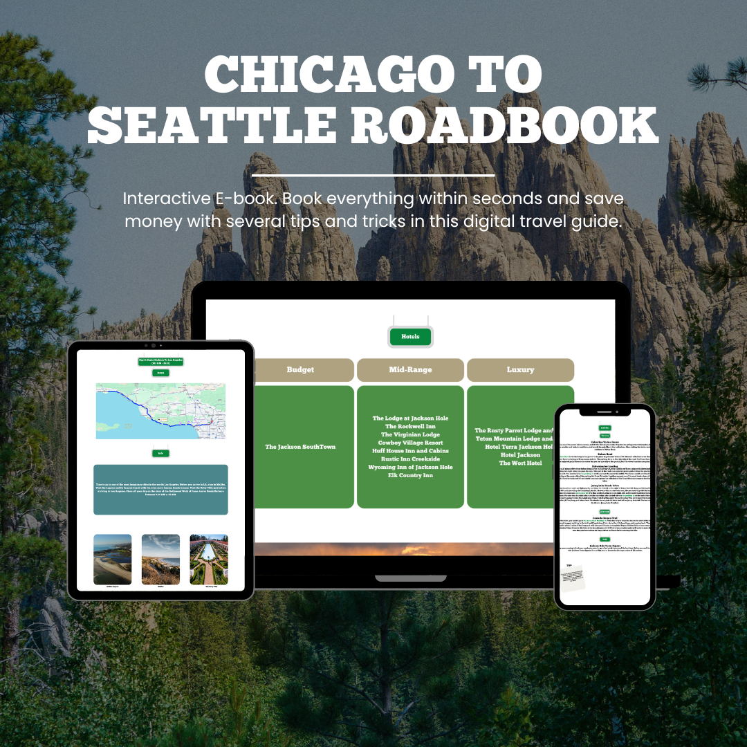 Chicago to Seattle Roadbook promotional graphic with digital devices displaying the guide.