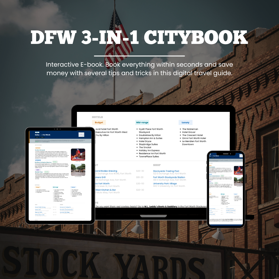 Promotional graphic for a DFW 3-in-1 citybook digital travel guide, showing the title at the top and three device mockups (desktop monitor, tablet, and smartphone) displaying the interactive e-book interface against a city street background.
