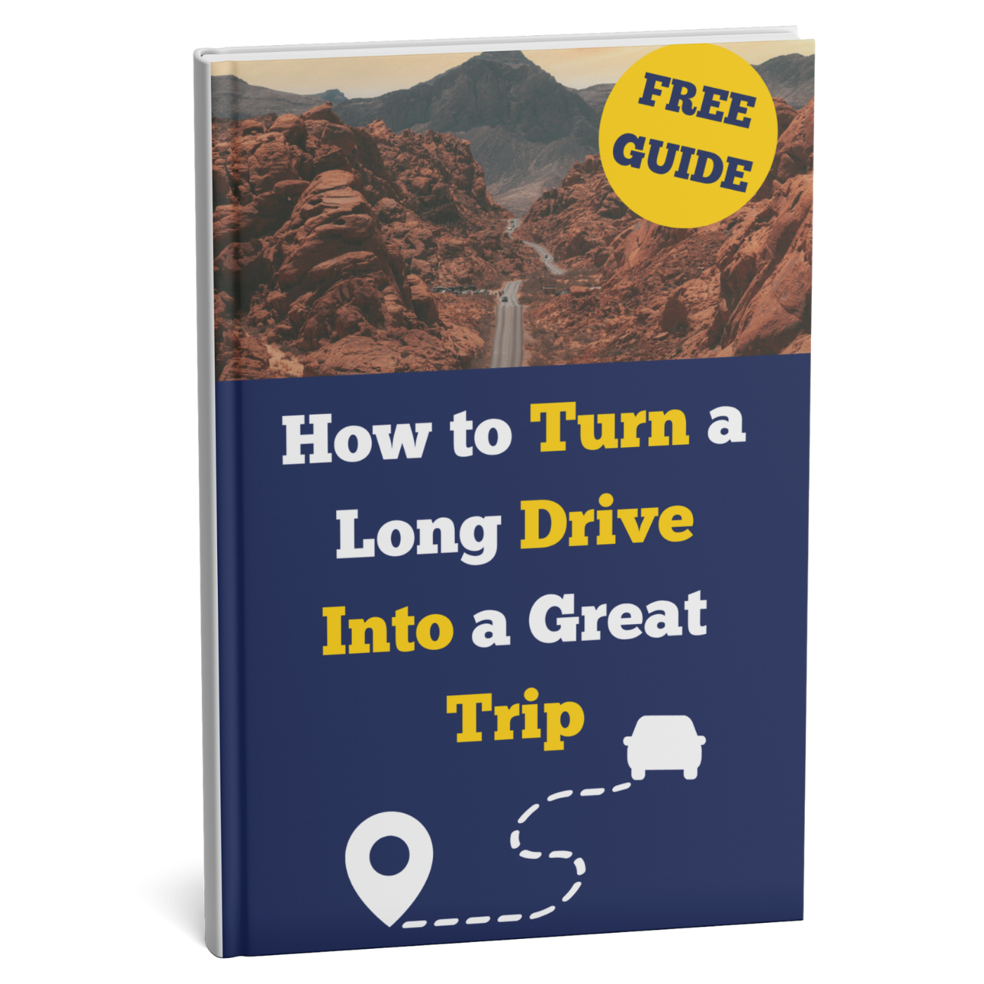 Book cover with mountain landscape and text 'How to Turn a Long Drive Into a Great Trip' on a white background