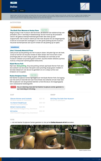 A screenshot of a Dutch travel website page for Dallas, featuring text, maps, and small travel photos of the Dallas Museum of Art and nearby landmarks.