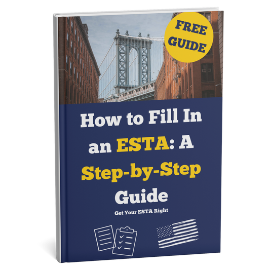 Book titled 'How to Fill In an ESTA: A Step-by-Step Guide' with a bridge image on the cover.