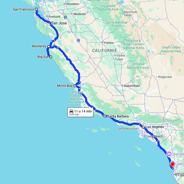 Map with the full route of the Highway 1 road trip by USRoadbooks