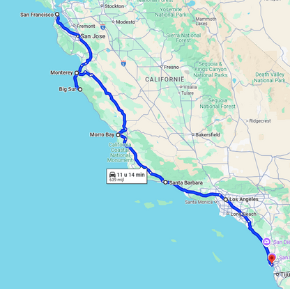 Map with the full route of the Highway 1 road trip by USRoadbooks