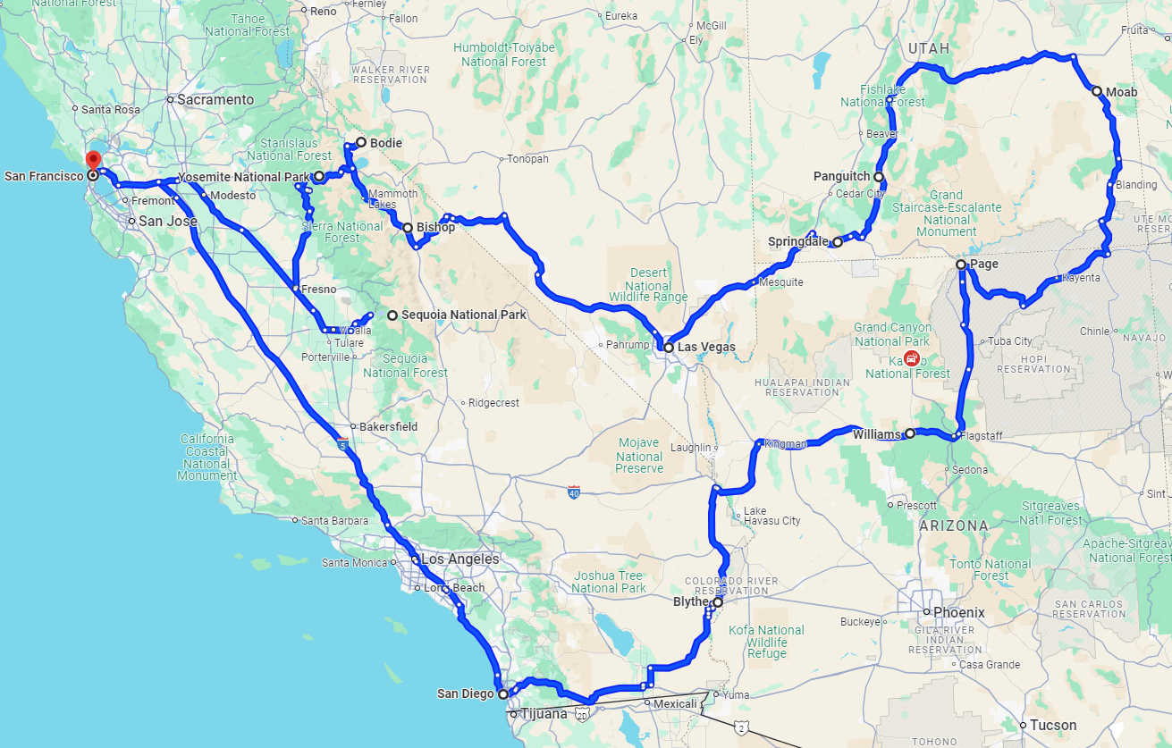 Map with the full route of the 25 Days South West USA road trip by USRoadbooks