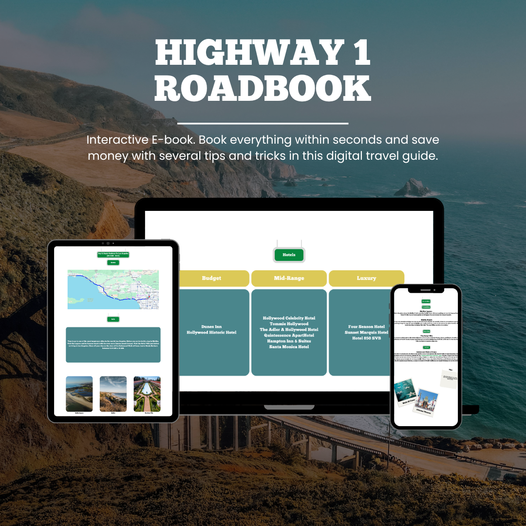 Promotional graphic for 'Highway 1 Roadbook' with digital devices displaying its interface against a scenic background.