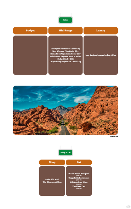 Hotel, restaurant and shop tab out of the Utah Mighty 5 RoadBook